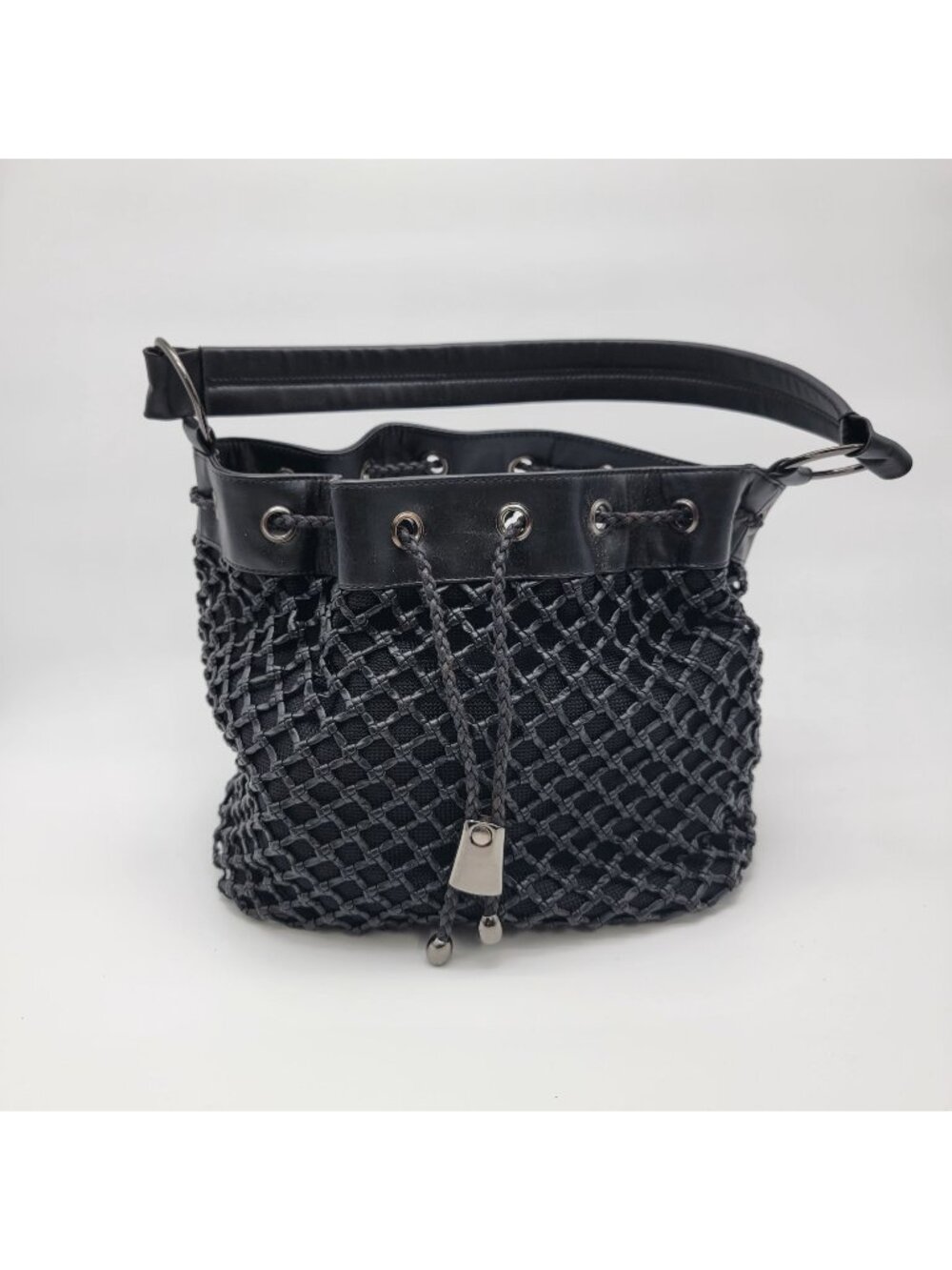 Black Basket Weave Mesh Bucket Shoulder Bag Purse
